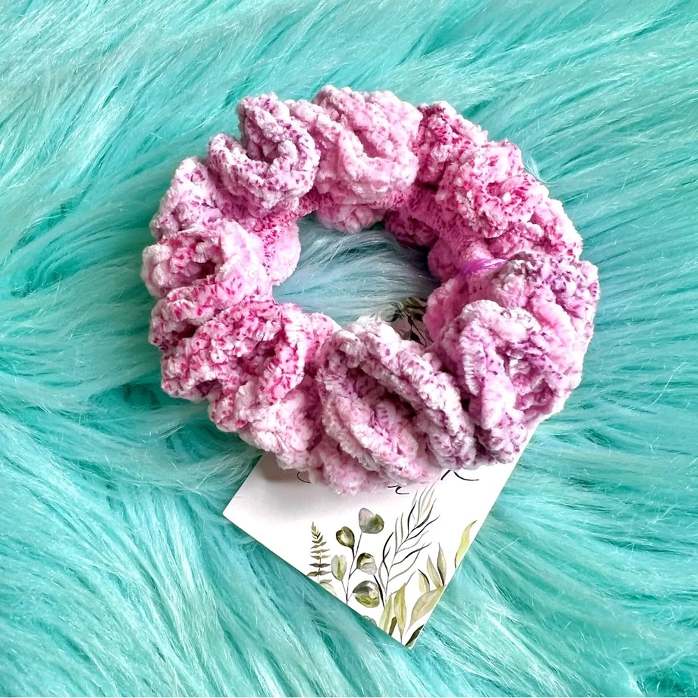 Handmade VELVET Sprinkle Pink Purple Small Scrunchie Crochet Hair Tie